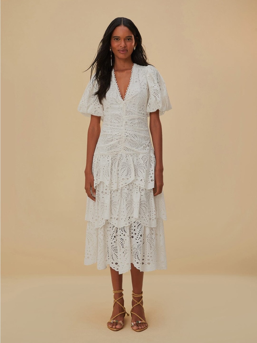 FARM Rio White Eyelet Tiered Midi Dress with Puff Sleeves